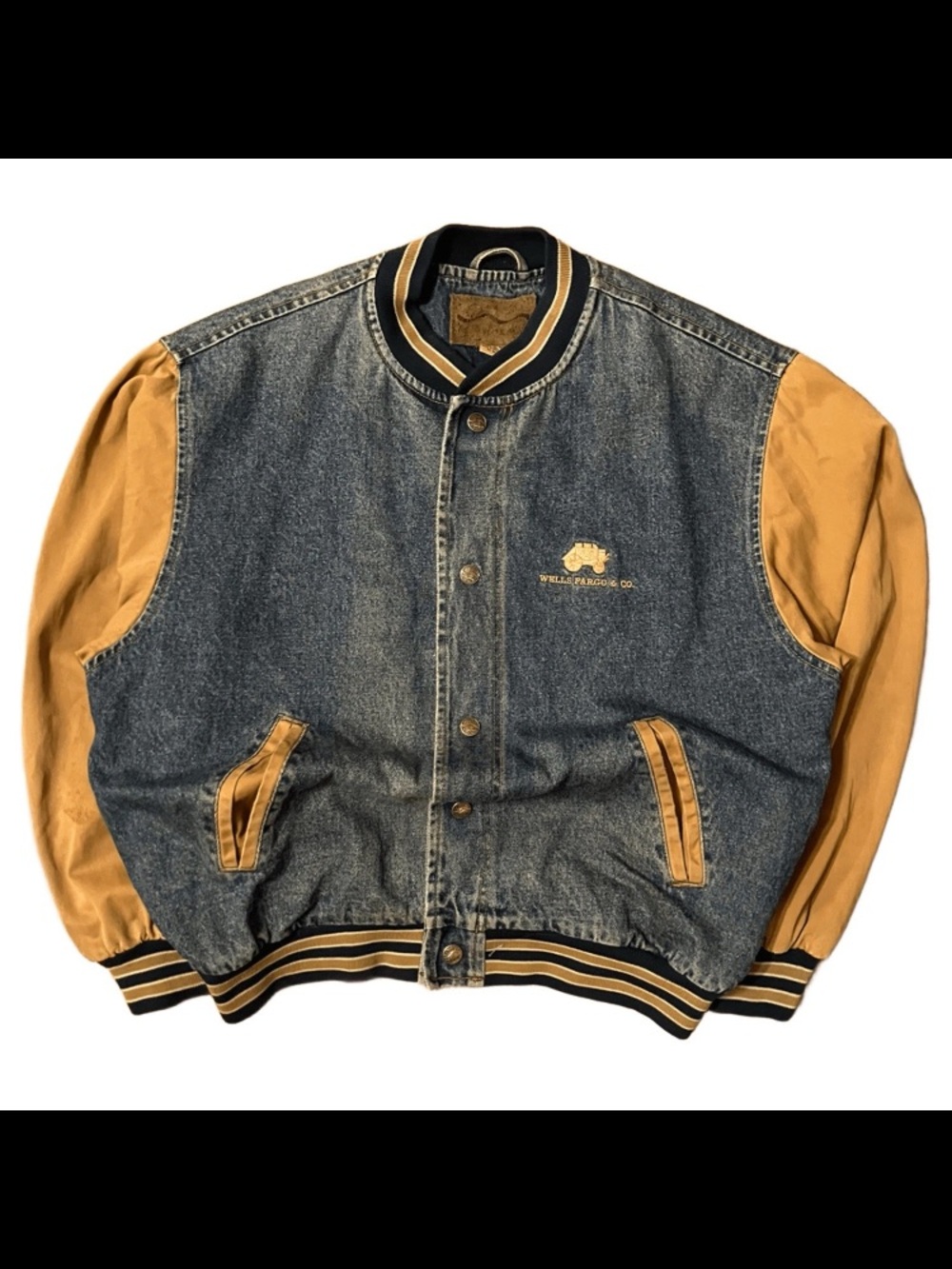 Vintage Port Authority Denim Bomber Jacket Wells Fargo & Co Size L Distressed